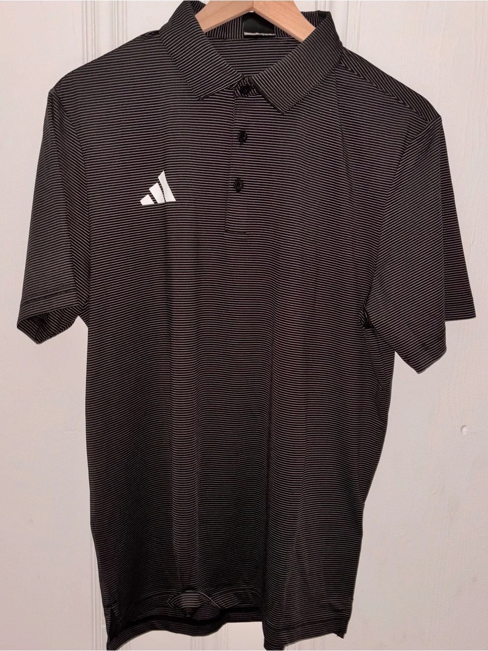 NWT Adidas men’s medium black thin white stripes short sleeve performance polo